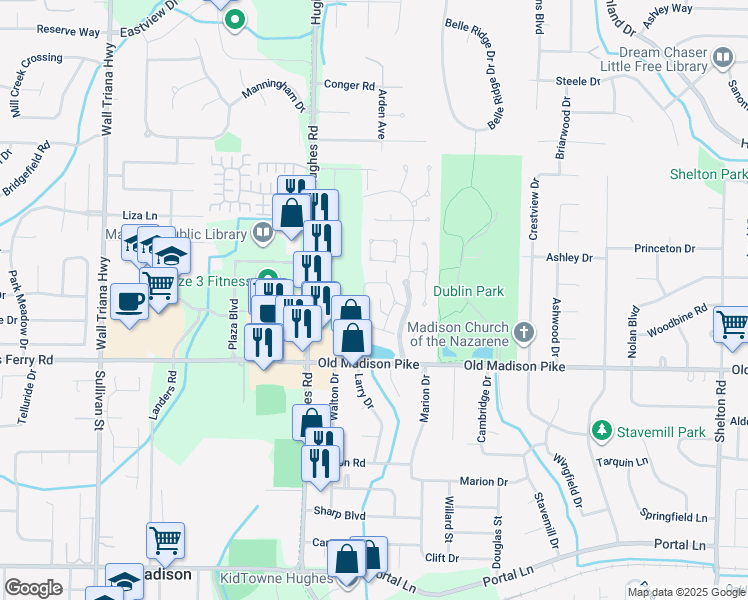 map of restaurants, bars, coffee shops, grocery stores, and more near 249 Waters Edge Lane in Madison