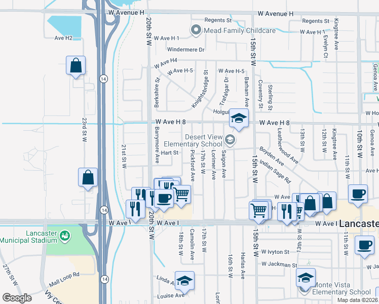 map of restaurants, bars, coffee shops, grocery stores, and more near 45445 Pickford Avenue in Lancaster