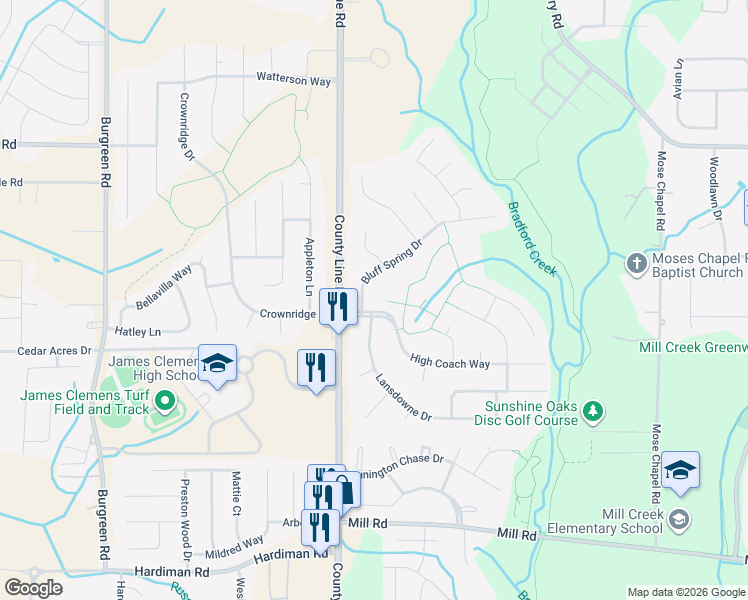 map of restaurants, bars, coffee shops, grocery stores, and more near 100 Bluff Spring Drive in Madison