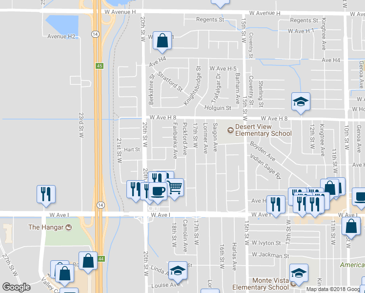 map of restaurants, bars, coffee shops, grocery stores, and more near 45445 Pickford Avenue in Lancaster