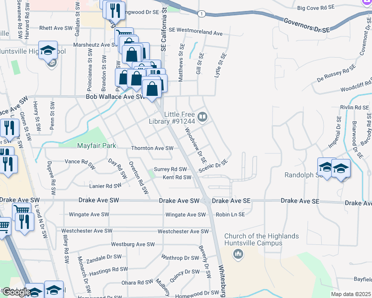 map of restaurants, bars, coffee shops, grocery stores, and more near 104 Garland Avenue Southeast in Huntsville