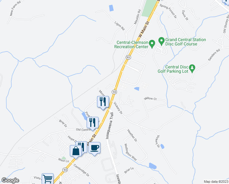 map of restaurants, bars, coffee shops, grocery stores, and more near 105 Old Greenville Highway in Central