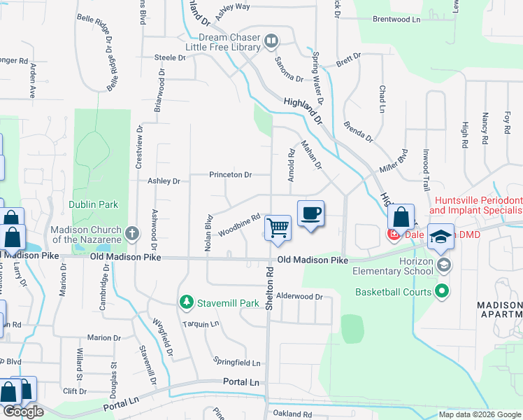 map of restaurants, bars, coffee shops, grocery stores, and more near 1103 Woodbine Road in Madison