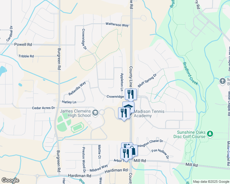 map of restaurants, bars, coffee shops, grocery stores, and more near 106 Crownridge Drive in Madison