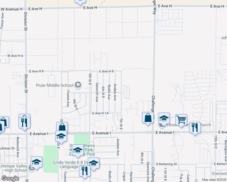 map of restaurants, bars, coffee shops, grocery stores, and more near 45503 Andale Avenue in Lancaster