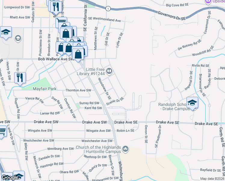 map of restaurants, bars, coffee shops, grocery stores, and more near 2702 Evergreen Street Southeast in Huntsville