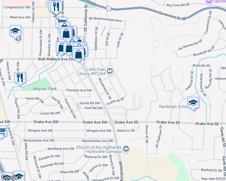 map of restaurants, bars, coffee shops, grocery stores, and more near 2706 Evergreen Street Southeast in Huntsville