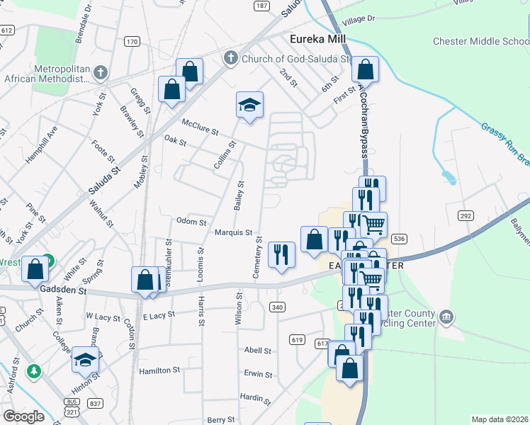 map of restaurants, bars, coffee shops, grocery stores, and more near 145 Cemetery Street in Chester