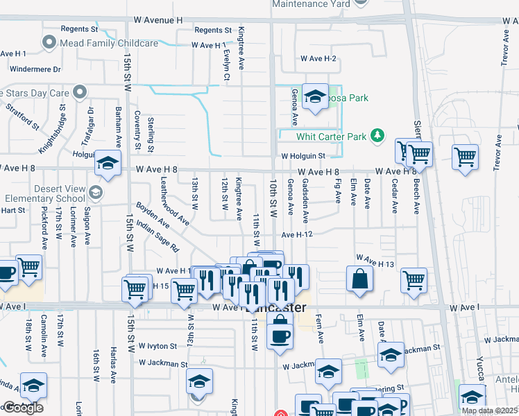 map of restaurants, bars, coffee shops, grocery stores, and more near 45428 11th Street West in Lancaster