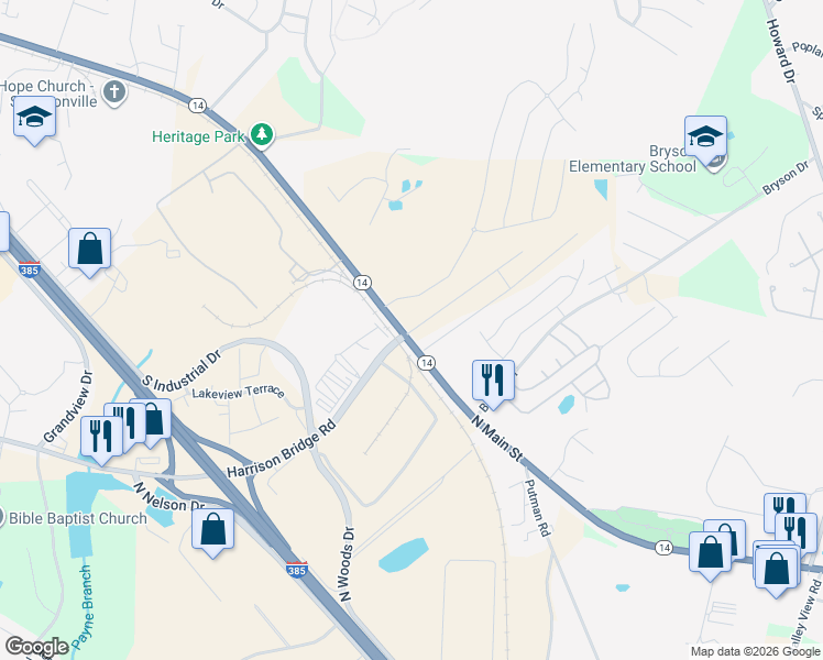 map of restaurants, bars, coffee shops, grocery stores, and more near 1318 North Main Street in Fountain Inn