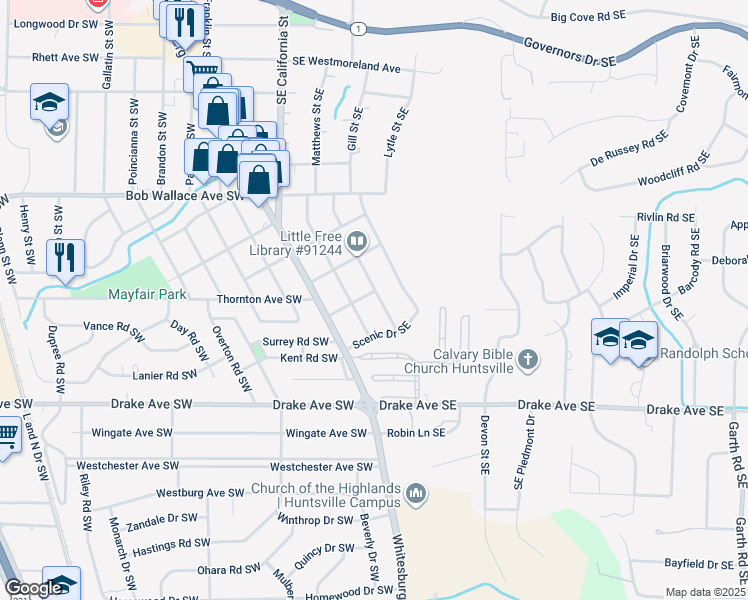 map of restaurants, bars, coffee shops, grocery stores, and more near 2706 Evergreen Street Southeast in Huntsville