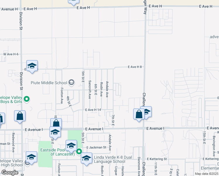 map of restaurants, bars, coffee shops, grocery stores, and more near 45504 Andale Avenue in Lancaster