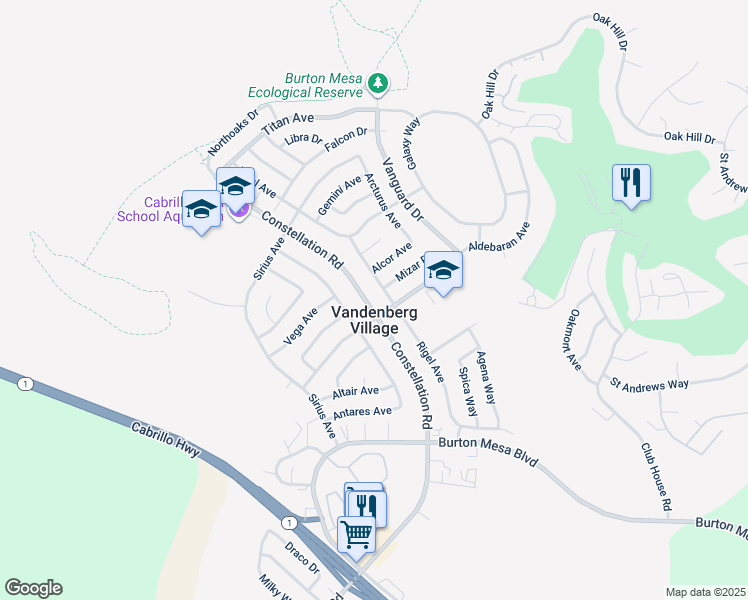 map of restaurants, bars, coffee shops, grocery stores, and more near 4123 Constellation Road in Lompoc