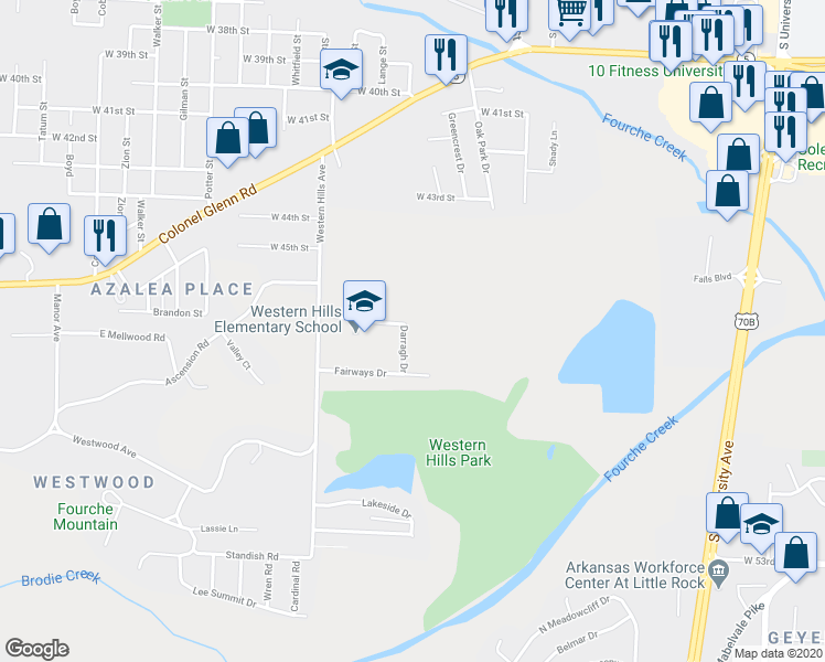 map of restaurants, bars, coffee shops, grocery stores, and more near 4709 Darragh Drive in Little Rock