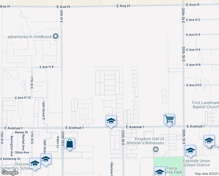 map of restaurants, bars, coffee shops, grocery stores, and more near 45465 25th Street East in Lancaster
