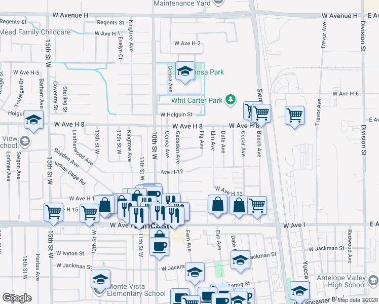 map of restaurants, bars, coffee shops, grocery stores, and more near 45430 Gadsden Avenue in Lancaster