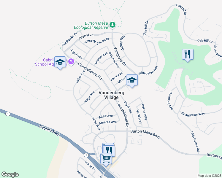 map of restaurants, bars, coffee shops, grocery stores, and more near 4123 Constellation Road in Lompoc