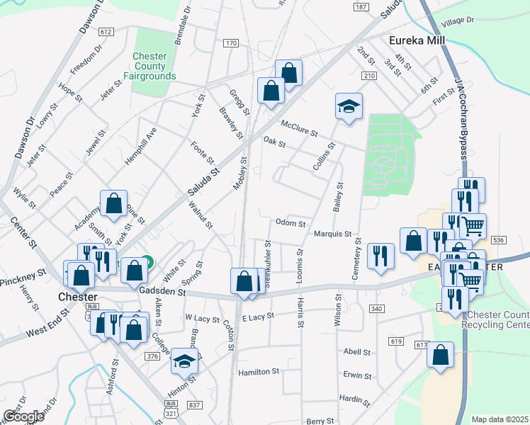 map of restaurants, bars, coffee shops, grocery stores, and more near 134 Steinkuhler Street in Chester