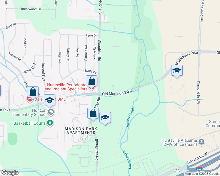 map of restaurants, bars, coffee shops, grocery stores, and more near 7584 Old Madison Pike in Huntsville