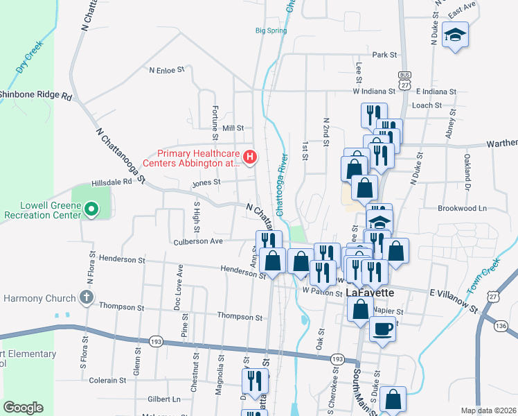 map of restaurants, bars, coffee shops, grocery stores, and more near 209 North Chattanooga Street in LaFayette