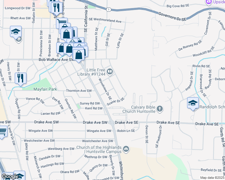 map of restaurants, bars, coffee shops, grocery stores, and more near 2706 Evergreen Street Southeast in Huntsville