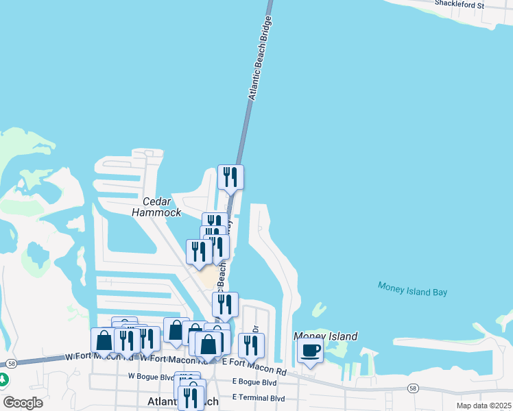 map of restaurants, bars, coffee shops, grocery stores, and more near 251 Bayview Boulevard in Atlantic Beach