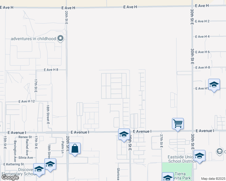 map of restaurants, bars, coffee shops, grocery stores, and more near 45465 North East 25th Street in Lancaster