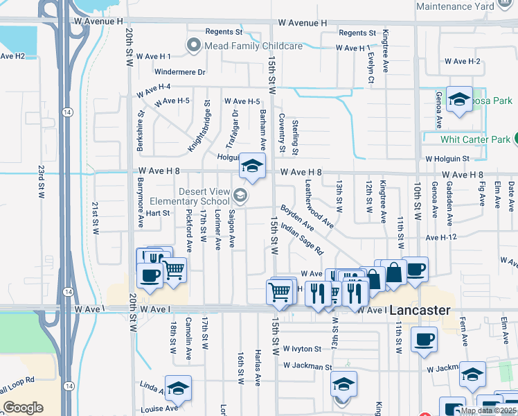 map of restaurants, bars, coffee shops, grocery stores, and more near 2 West Avenue H-10 in Lancaster