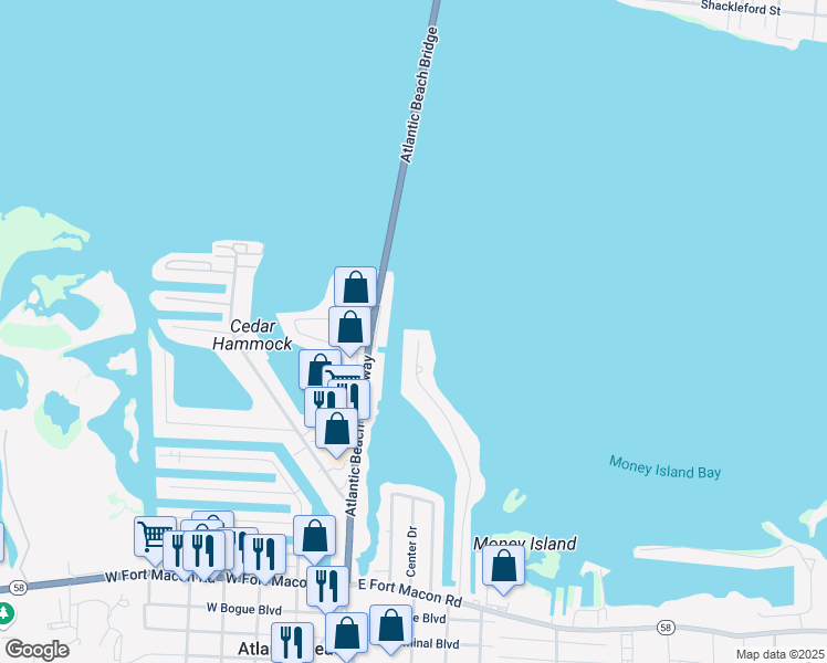 map of restaurants, bars, coffee shops, grocery stores, and more near 251 Bayview Boulevard in Atlantic Beach