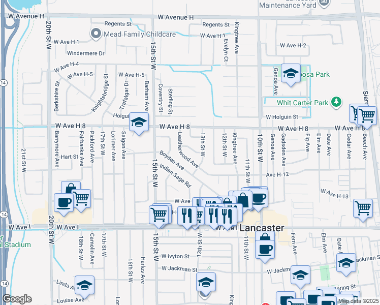 map of restaurants, bars, coffee shops, grocery stores, and more near 1326 West Avenue H-10 in Lancaster