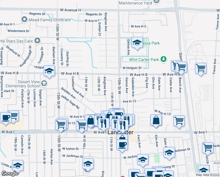 map of restaurants, bars, coffee shops, grocery stores, and more near 45428 11th Street West in Lancaster