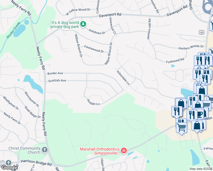 map of restaurants, bars, coffee shops, grocery stores, and more near 247 Scottish Avenue in Simpsonville