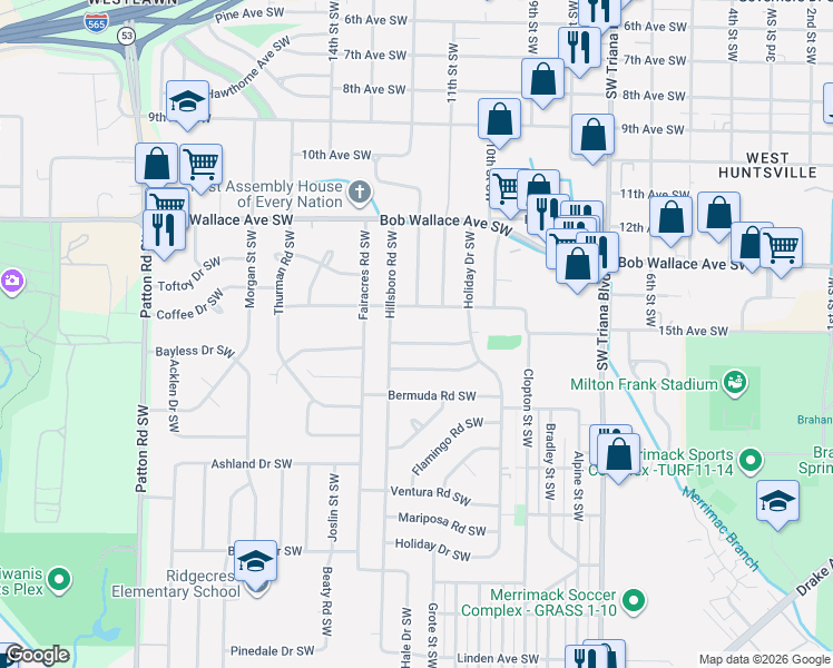 map of restaurants, bars, coffee shops, grocery stores, and more near 3511 Bluegrass Road Southwest in Huntsville