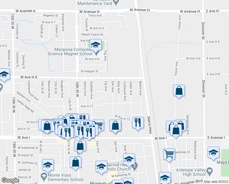 map of restaurants, bars, coffee shops, grocery stores, and more near 45442 Elm Avenue in Lancaster