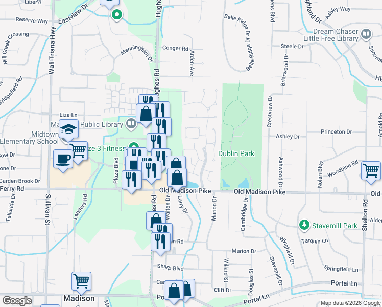 map of restaurants, bars, coffee shops, grocery stores, and more near 249 Waters Edge Lane in Madison