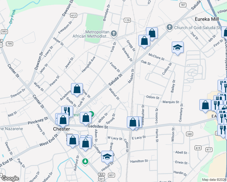 map of restaurants, bars, coffee shops, grocery stores, and more near 147 Saluda Street in Chester