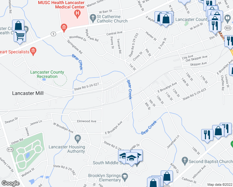 map of restaurants, bars, coffee shops, grocery stores, and more near Phillips Street in Lancaster