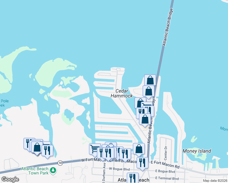 map of restaurants, bars, coffee shops, grocery stores, and more near North Shore Dr II in Atlantic Beach