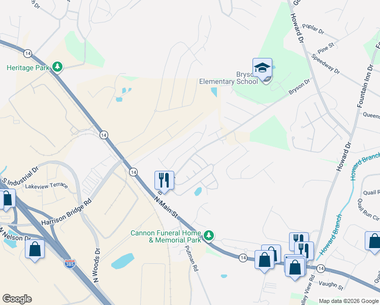 map of restaurants, bars, coffee shops, grocery stores, and more near 23 Eventide Drive in Simpsonville