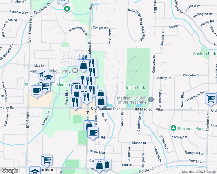 map of restaurants, bars, coffee shops, grocery stores, and more near 186 Waters Edge Lane in Madison