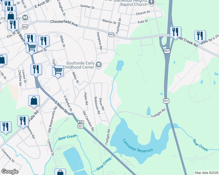 map of restaurants, bars, coffee shops, grocery stores, and more near 302 Louise Street in Lancaster