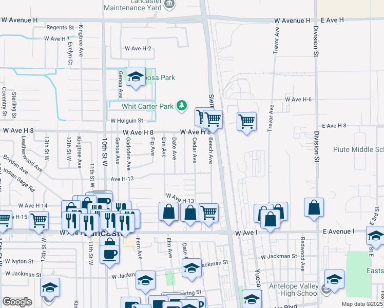 map of restaurants, bars, coffee shops, grocery stores, and more near 45445 Cedar Avenue in Lancaster