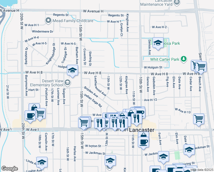 map of restaurants, bars, coffee shops, grocery stores, and more near 45505 13th Street West in Lancaster