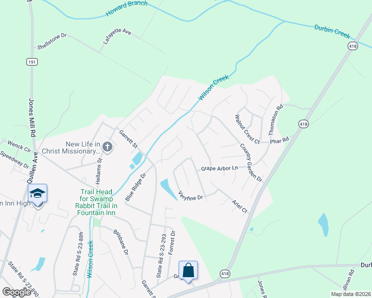 map of restaurants, bars, coffee shops, grocery stores, and more near 1103 Autumn Leaf Lane in Fountain Inn