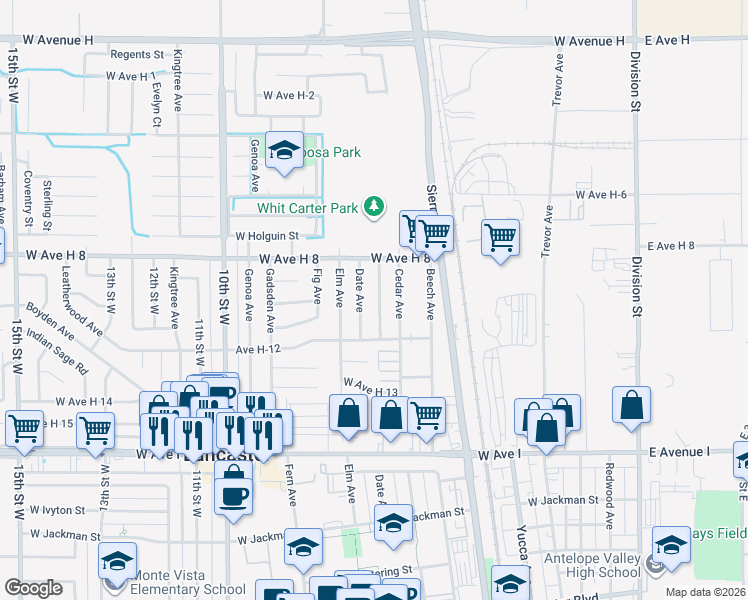 map of restaurants, bars, coffee shops, grocery stores, and more near 45445 Corkwood Avenue in Lancaster