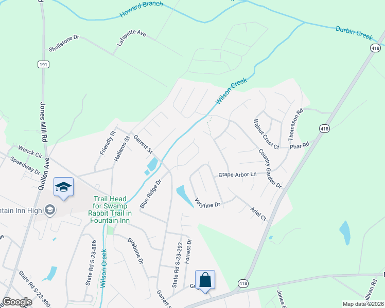 map of restaurants, bars, coffee shops, grocery stores, and more near 1207 Autumn Leaf Lane in Fountain Inn