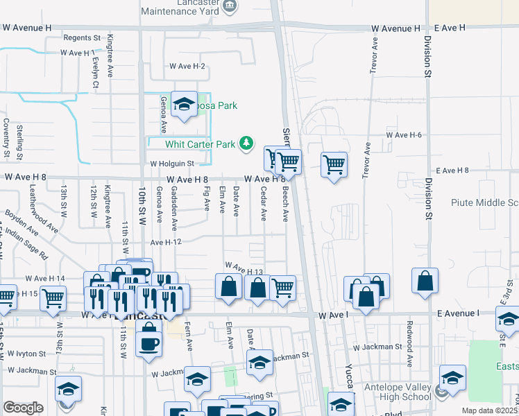 map of restaurants, bars, coffee shops, grocery stores, and more near 45445 Cedar Avenue in Lancaster