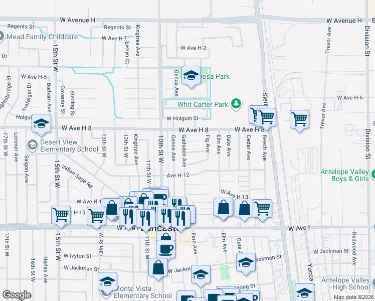 map of restaurants, bars, coffee shops, grocery stores, and more near 45504 Gadsden Avenue in Lancaster