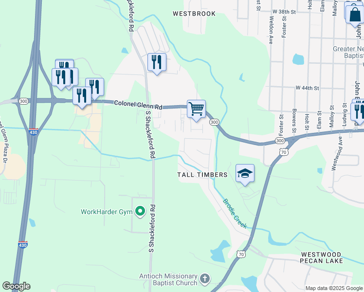 map of restaurants, bars, coffee shops, grocery stores, and more near 4609 Timberland Drive in Little Rock