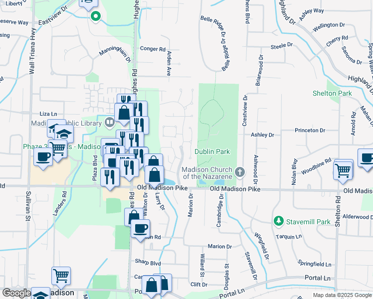 map of restaurants, bars, coffee shops, grocery stores, and more near 101 Narcissus Lane in Madison